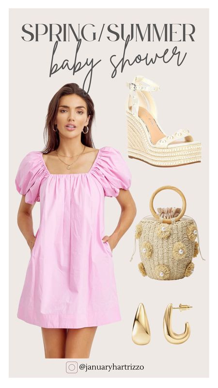 Pink Spring dress with pockets, spring dresses, summer dress, straw bag, straw purse, espadrilles with pearl embellishment, summer outfit, baby shower guest, spring dresses

#LTKparties #LTKstyletip #LTKfindsunder100