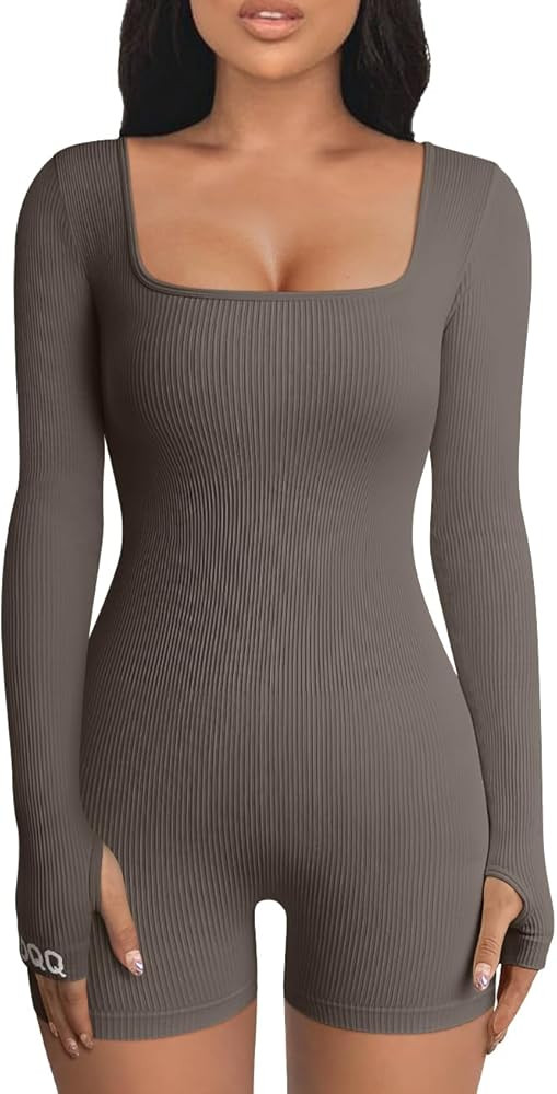 OQQ Women’s Yoga Rompers Workout Ribbed Long Sleeve Square Neck Sport Jumpsuits Rompers | Amazon (US)