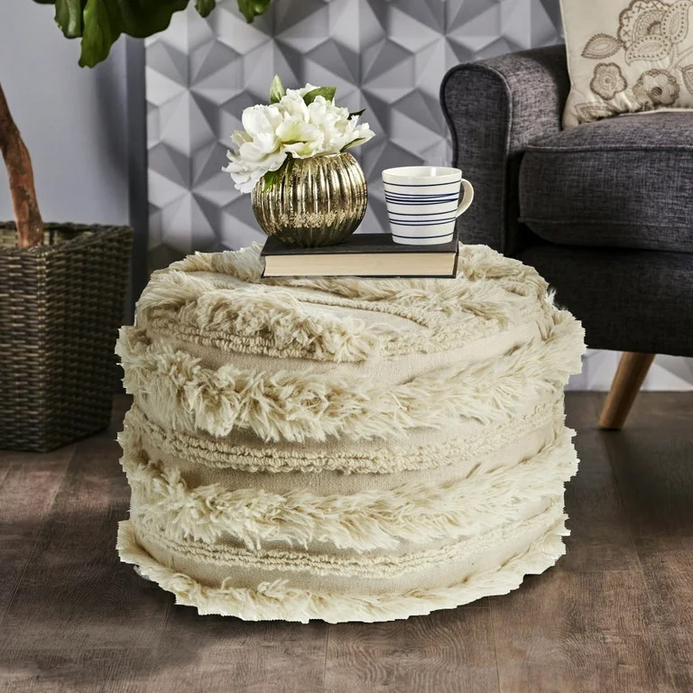 LR Home Fluffy Wool Ivory / Cream Indoor Pouf Ottoman | Walmart (US)