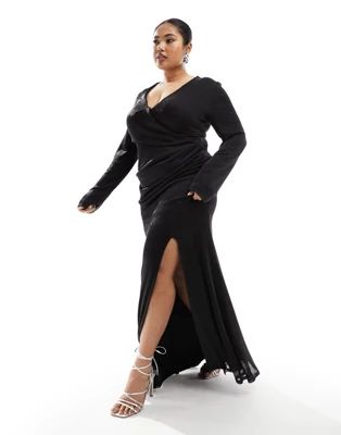 ASOS DESIGN Curve chainmail sheer plunge maxi dress with angel sleeves in black | ASOS | ASOS (Global)