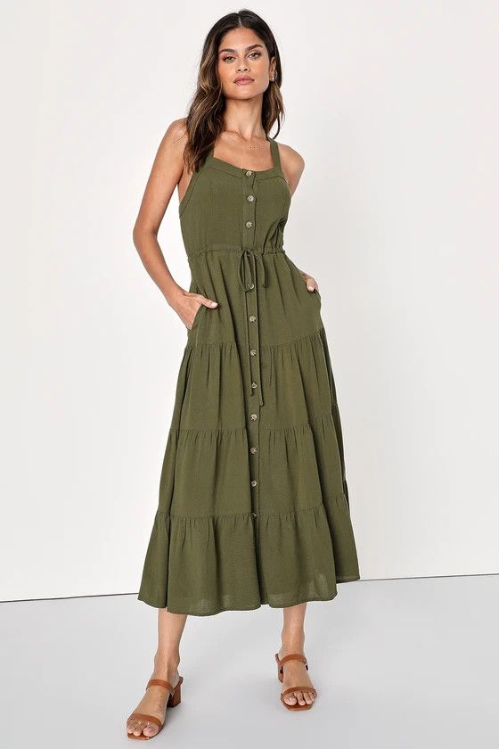 Olive Green Button-Front Tiered Midi Dress | Khaki Green Dress | Olive Green Dress | Lulus Dresses | Lulus (US)