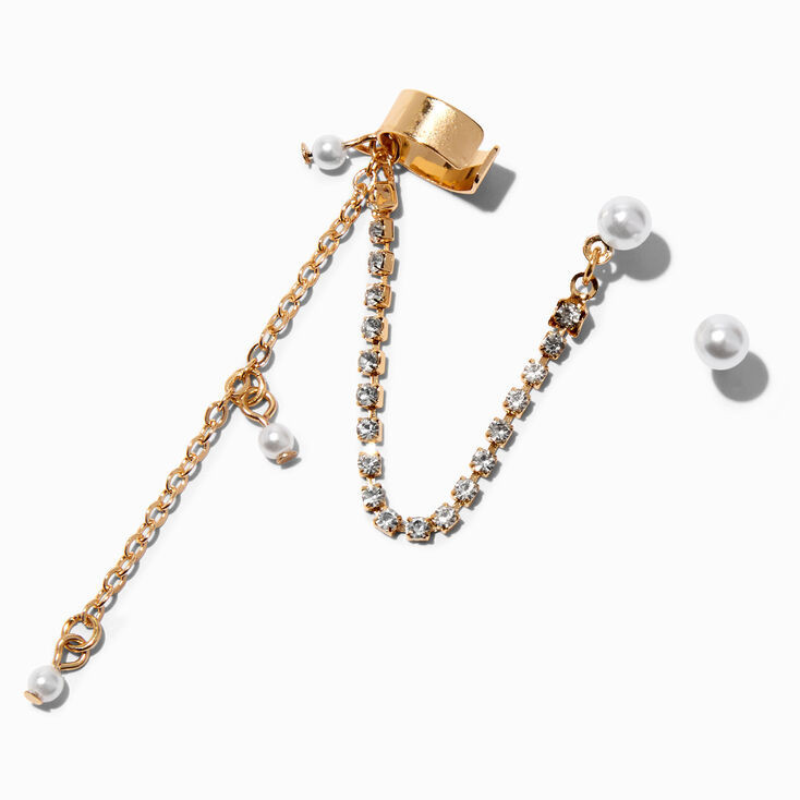 Gold Crystal & Pearl Cuff Connector Earrings | Claire's (US)