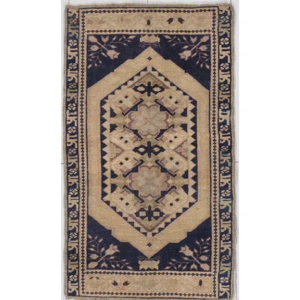 Vintage One-of-a-Kind 1'9" X 3' 1950s Wool Area Rug in Ivory/Navy | Wayfair North America