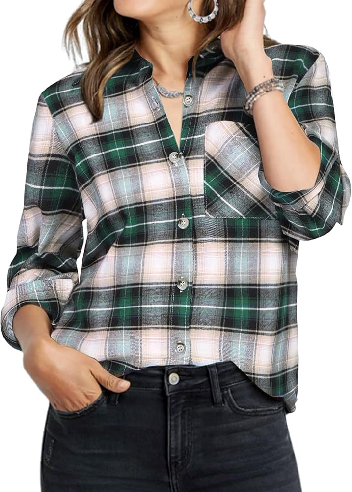 Zeagoo Womens Plaid Shirts Cotton Classic Long Sleeve Button Down Collared Casual Tops Lightweigh... | Amazon (US)