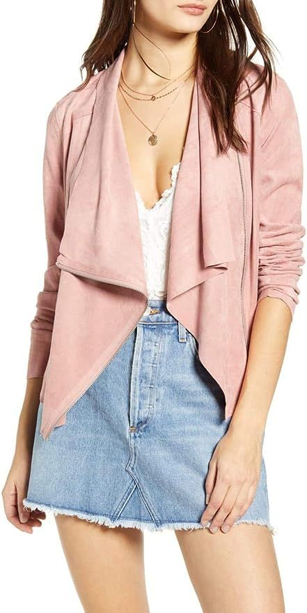 BlankNYC Women’s Moto Vegan Micro Suede Draped Front Crop Jacket, Pink | Amazon (US)