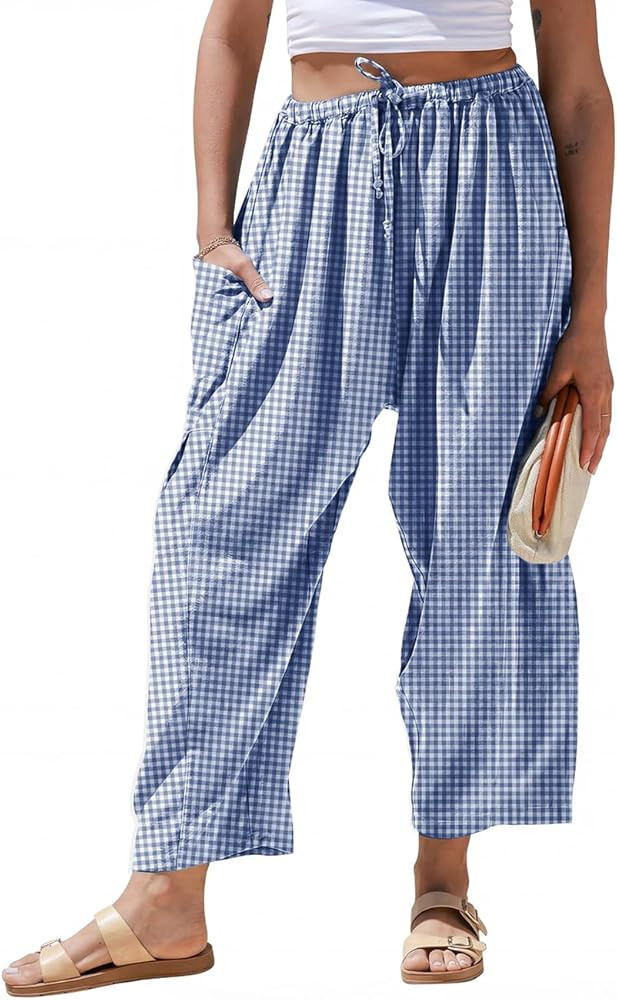 TARSE Womens Linen Wide Leg Striped Pants Casual Barrel Loose Drawstring Low Waist Palazzo Harem ... | Amazon (US)