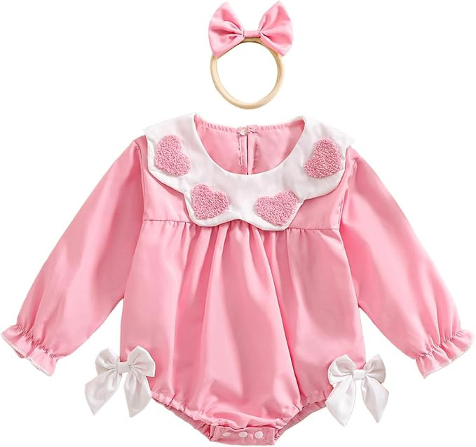 Newborn Baby Girl Outfit Heart Embroidery Doll Collar Long Sleeve Smocked Romper Bow Bodysuit Clo... | Amazon (US)