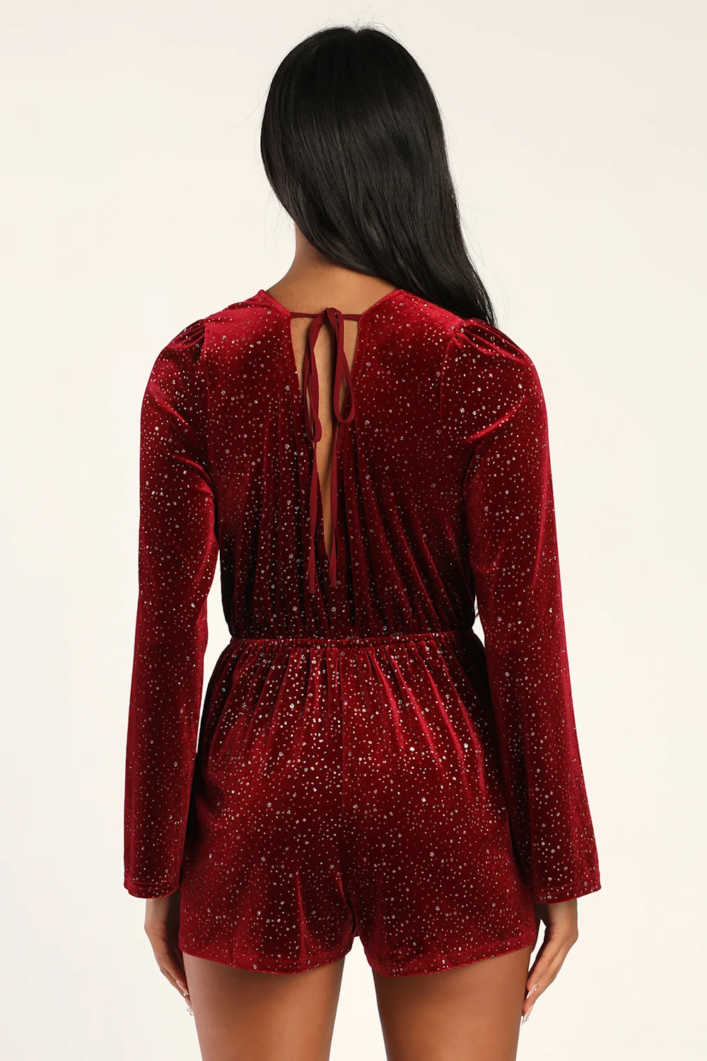 Beneath a Starry Sky Wine Red Velvet Sparkly Long Sleeve Romper | Lulus (US)