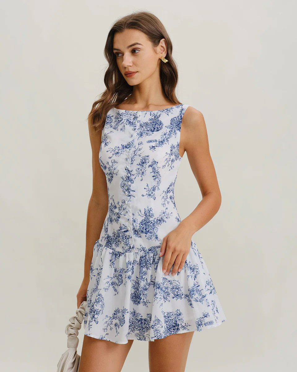 Blue Floral Boat Neck Sleeveless Mini Dress | rihoas.com