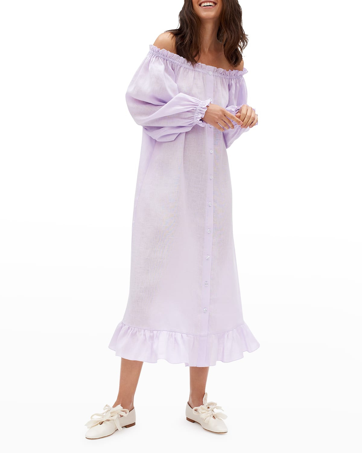 Off-Shoulder Linen Loungewear Dress | Neiman Marcus