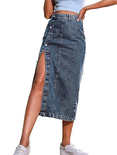 Jean Skirt for Women Button Up Denim Midi Jean Skirt Solid High Waisted Stretch Long Denim Skirts with Slit Greyblue XXL | Amazon (US)