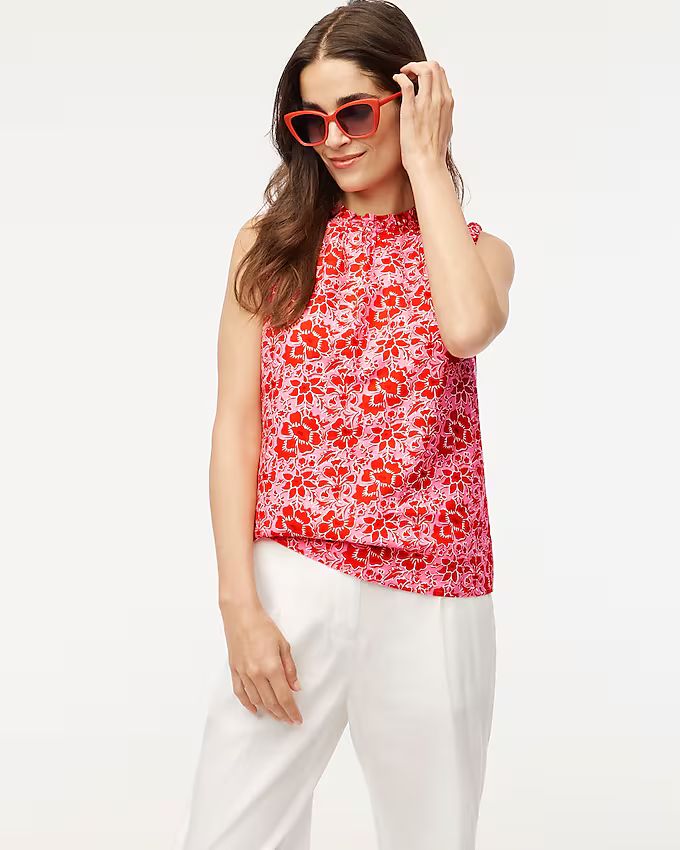 Printed linen-blend ruffleneck top | J.Crew Factory