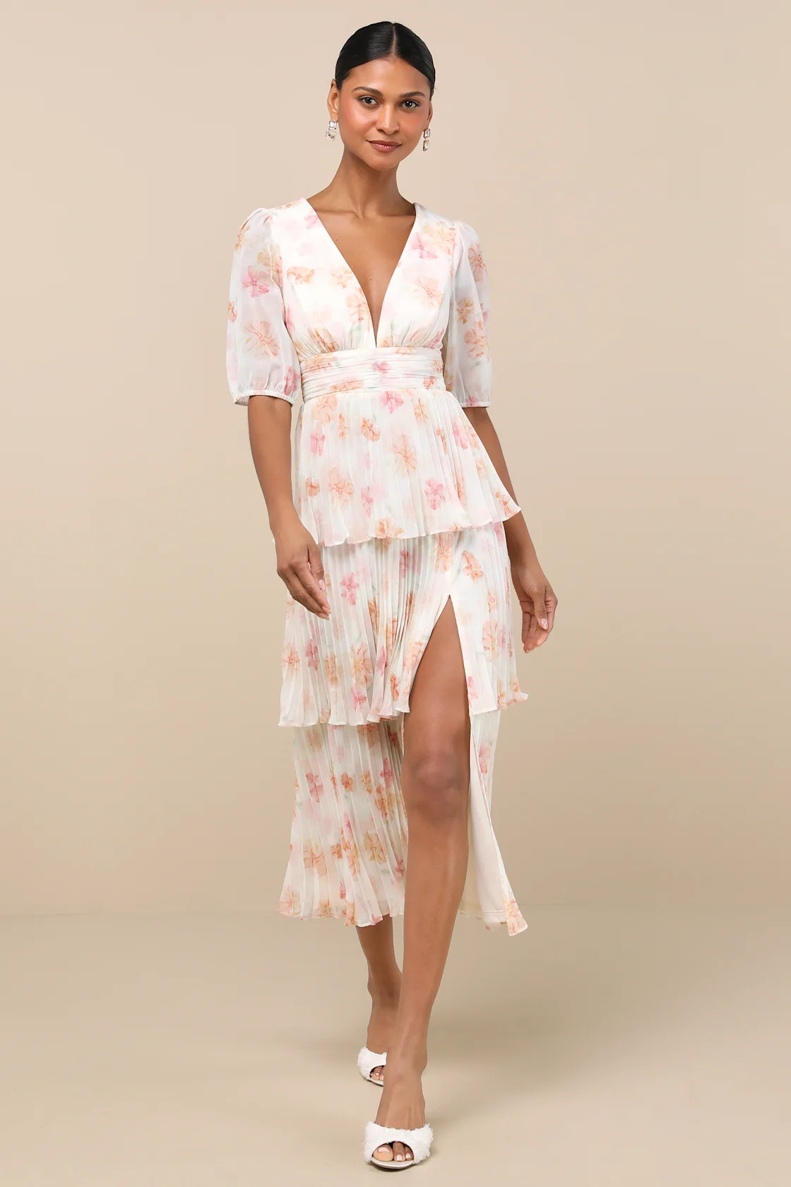 Jadia Ivory Floral Pleated Tiered Midi Dress | Lulus