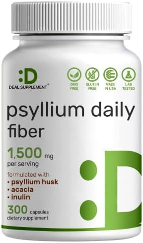 Psyllium Husk 1500mg Per Serving, 300 Capsules – 3 in 1 Fiber Supplement with Inulin & Acacia C... | Amazon (US)