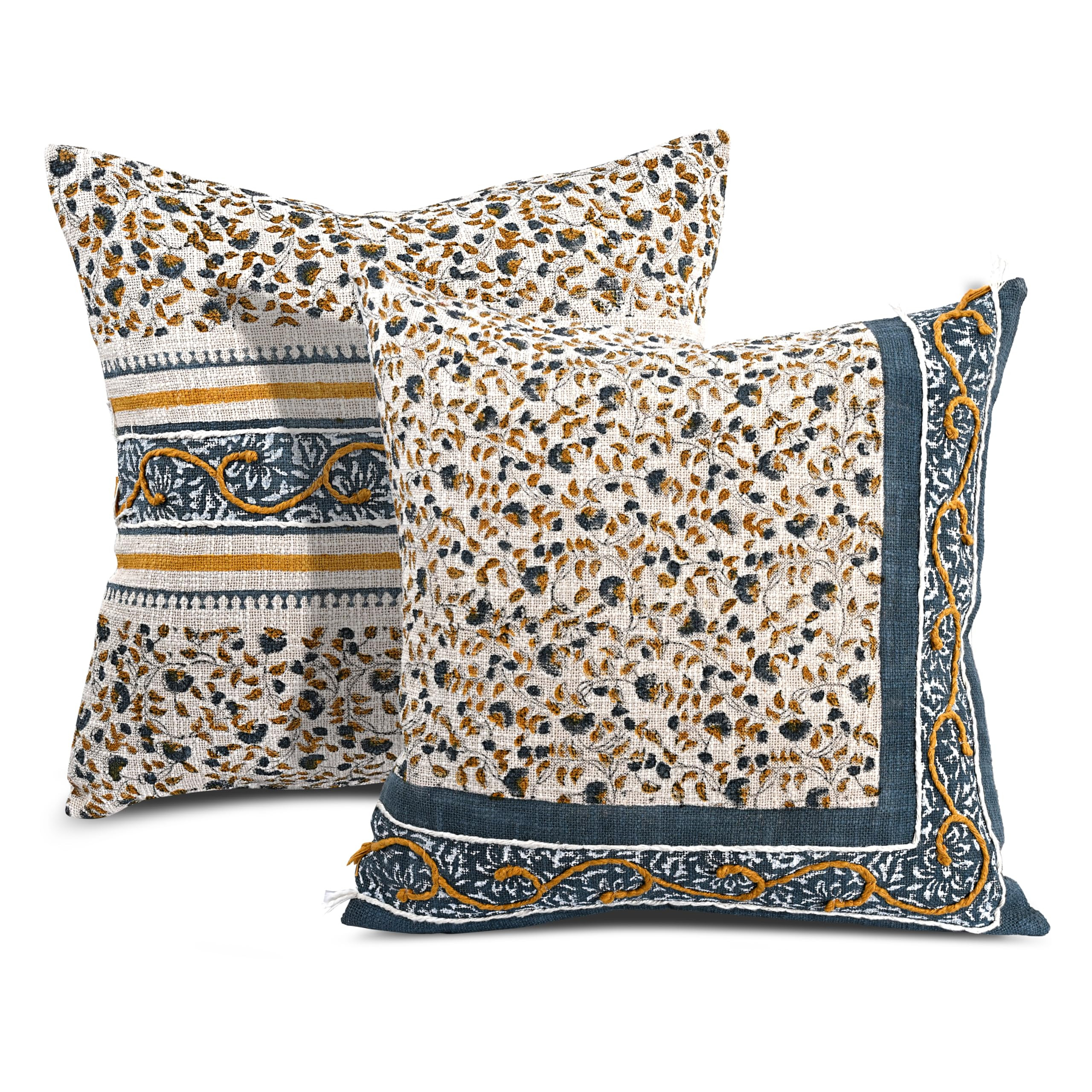 Ridhi Cream Mustard Blue Cotton Cushion Cover 20x20 Inch Decorative Throw Pillow Cover for Sofa, ... | Amazon (US)