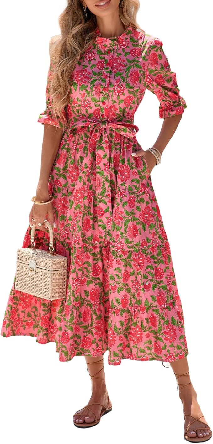 Women's Boho Floral Printed Stand Ruffle Collar Maxi Dress Half Sleeve Button Down Flowy Belted B... | Amazon (US)
