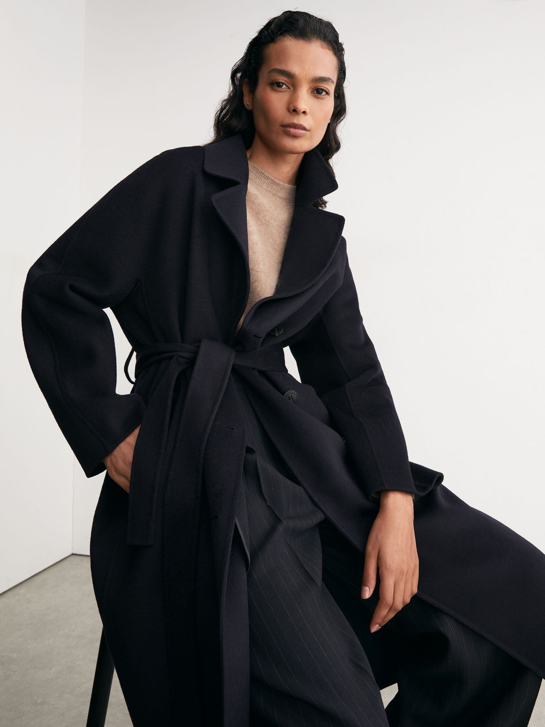Reiss Wool-Blend Blindseam Double-Breasted Coat in Navy - REISS | Reiss UK