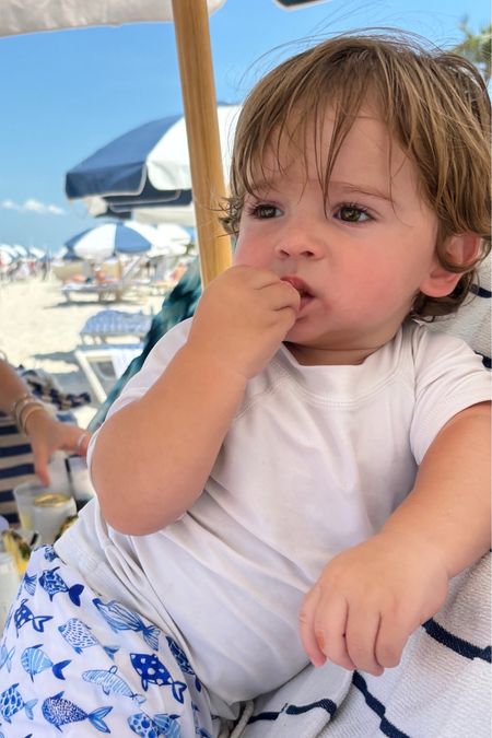 Beach baby! 

Beau is wearing a white rashguard and a fish swimsuit. The swimsuit is on sale this weekend! Linking other white rashguards  we have. 

#LTKSwim #LTKKids #LTKBaby