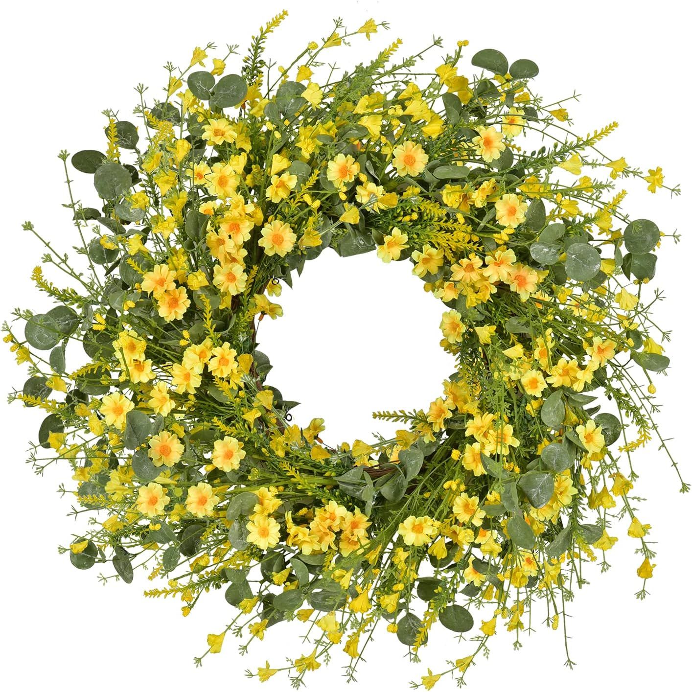 Artificial Daisy Wreath - 22 Inches Eucalyptus Wreath with Yellow Flower Wreath Spring Summer Wre... | Amazon (US)