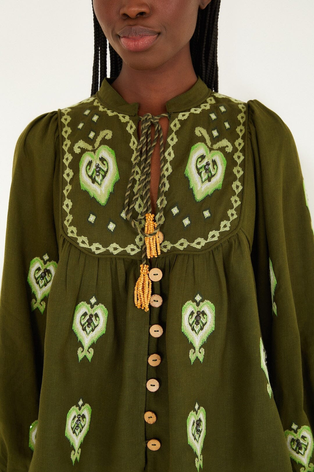 Green Embroidered Puff Sleeve Lenzing� Ecovero� Euroflax� Blouse | FARM Rio | FarmRio (US)