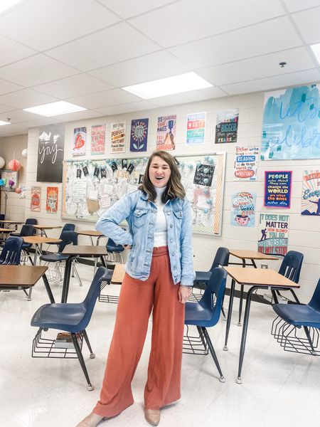 Fall teacher outfit. Wide leg comfy pants, white ribbed knit shell, distressed denim jacket. Booties. Teacher style for fall. Business casual. 

#LTKunder50 #LTKSeasonal #LTKworkwear