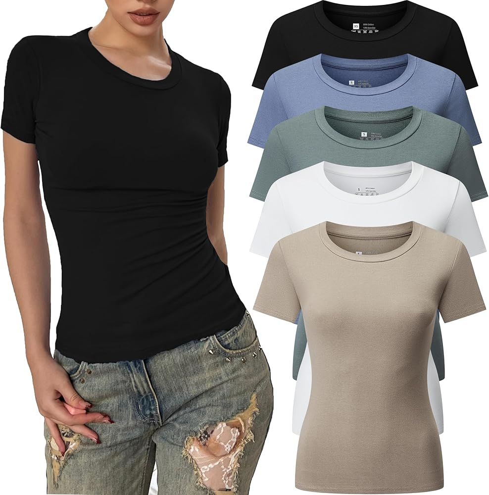5pcs Women's Ribbed Short Sleeve Slim Fit T Shirt Crew Neck Bodycon Crop Tunics Going Out Tops | Amazon (US)