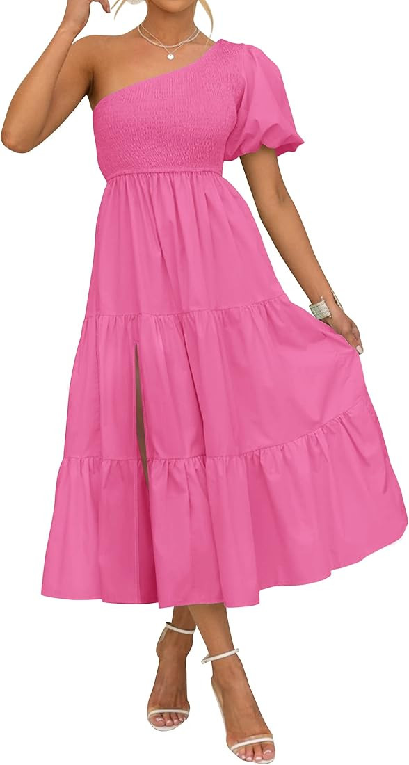 ZESICA Women's 2023 Boho Summer One Shoulder Short Sleeve Smocked Side Split Ruffle Swing Midi Dr... | Amazon (US)