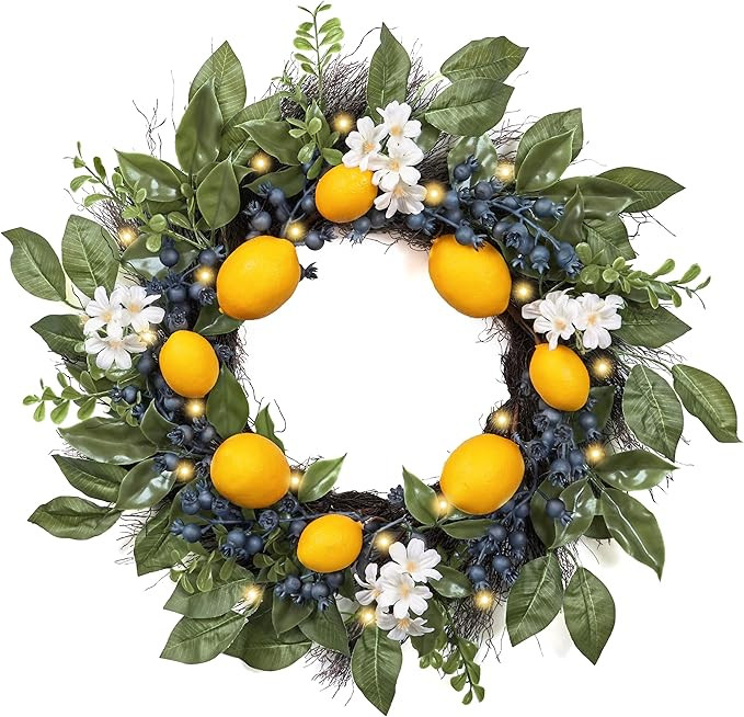 20'' Lighted Lemon Wreath for Front Door - Pre-lit Artificial Spring Summer Wreath with Eucalyptu... | Amazon (US)