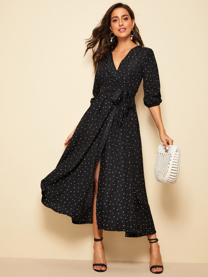 Confetti Print Bishop Sleeve Belted Maxi Dress | SHEIN