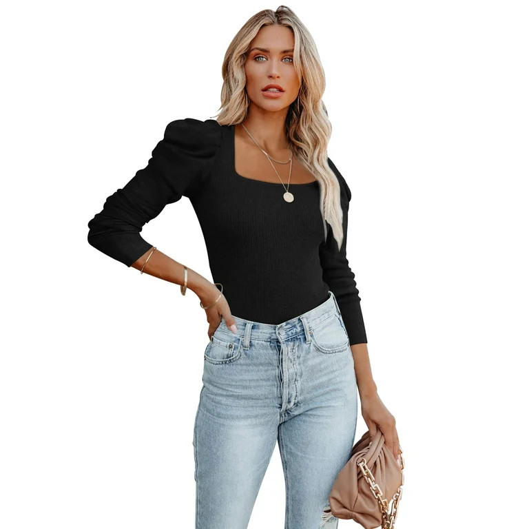 REORIA Womens Puff Long Sleeve Bodysuit Ribbed Square Neck Slimming Thong Tops - Walmart.com | Walmart (US)