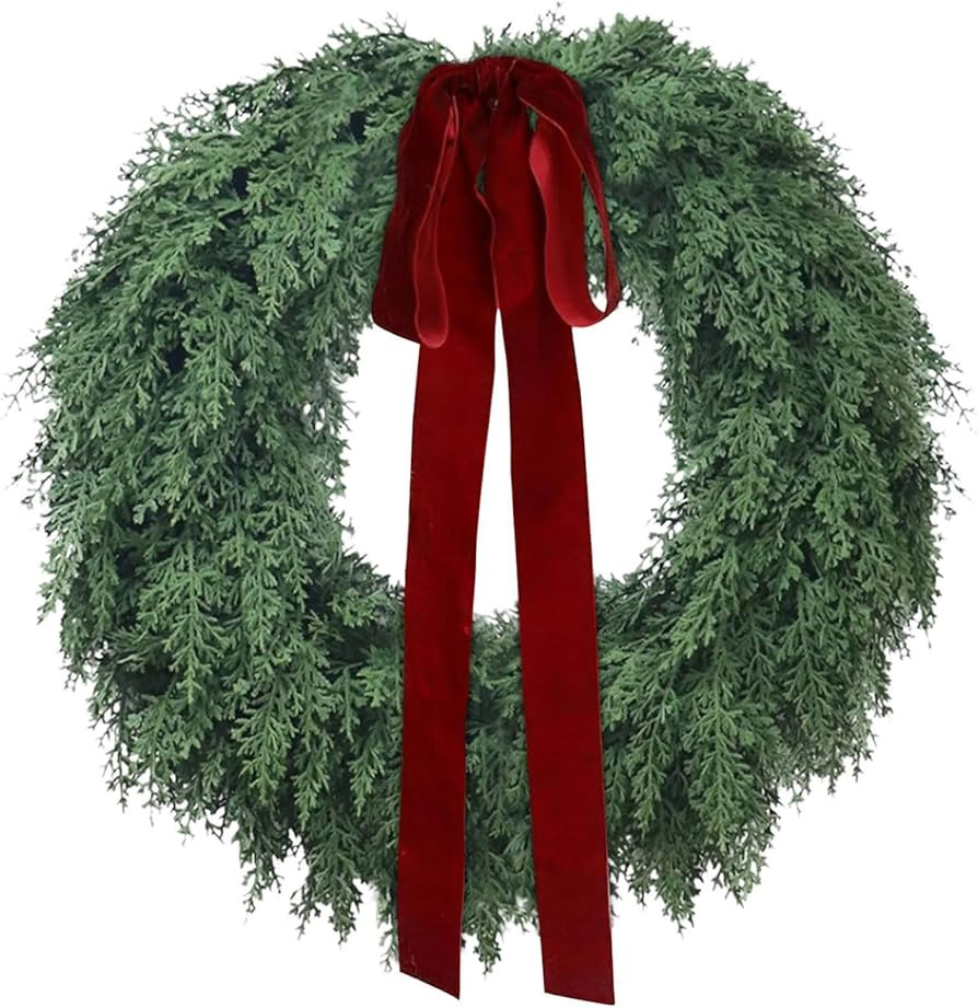 Artificial Norfolk Pine Wreath, Christmas Cedar Wreath with Velvet Bow – Real Touch Faux Greene... | Amazon (US)