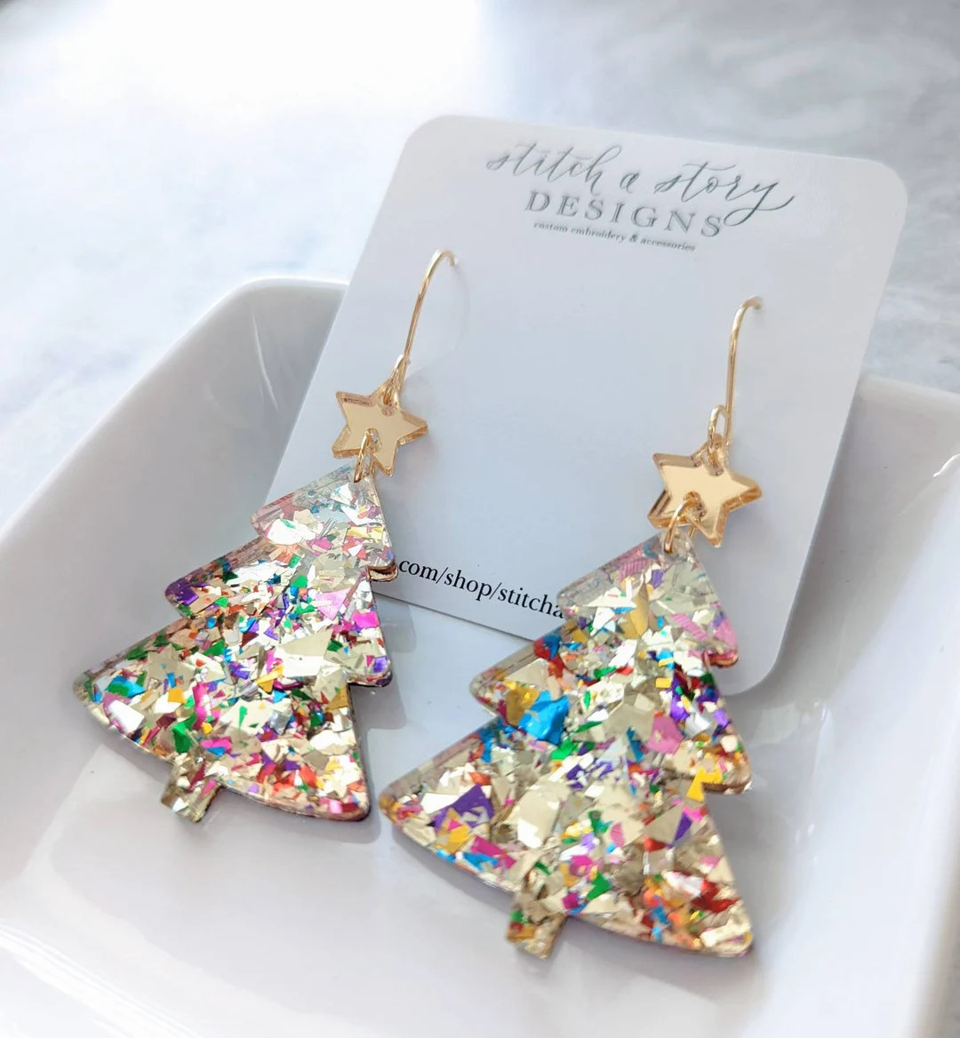 Acrylic Confetti Christmas Tree Earrings With Gold Star Gold - Etsy | Etsy (US)