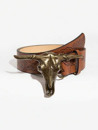 1pc Vintage Style Western Cowgirl Antique Gold Buckle Printed Leather Belt For Women, Casual Wear... | SHEIN