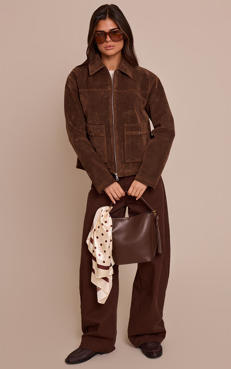 Chocolate Brown Pocket Detail Faux Suede Jacket | Outerwear | PrettyLittleThing IE