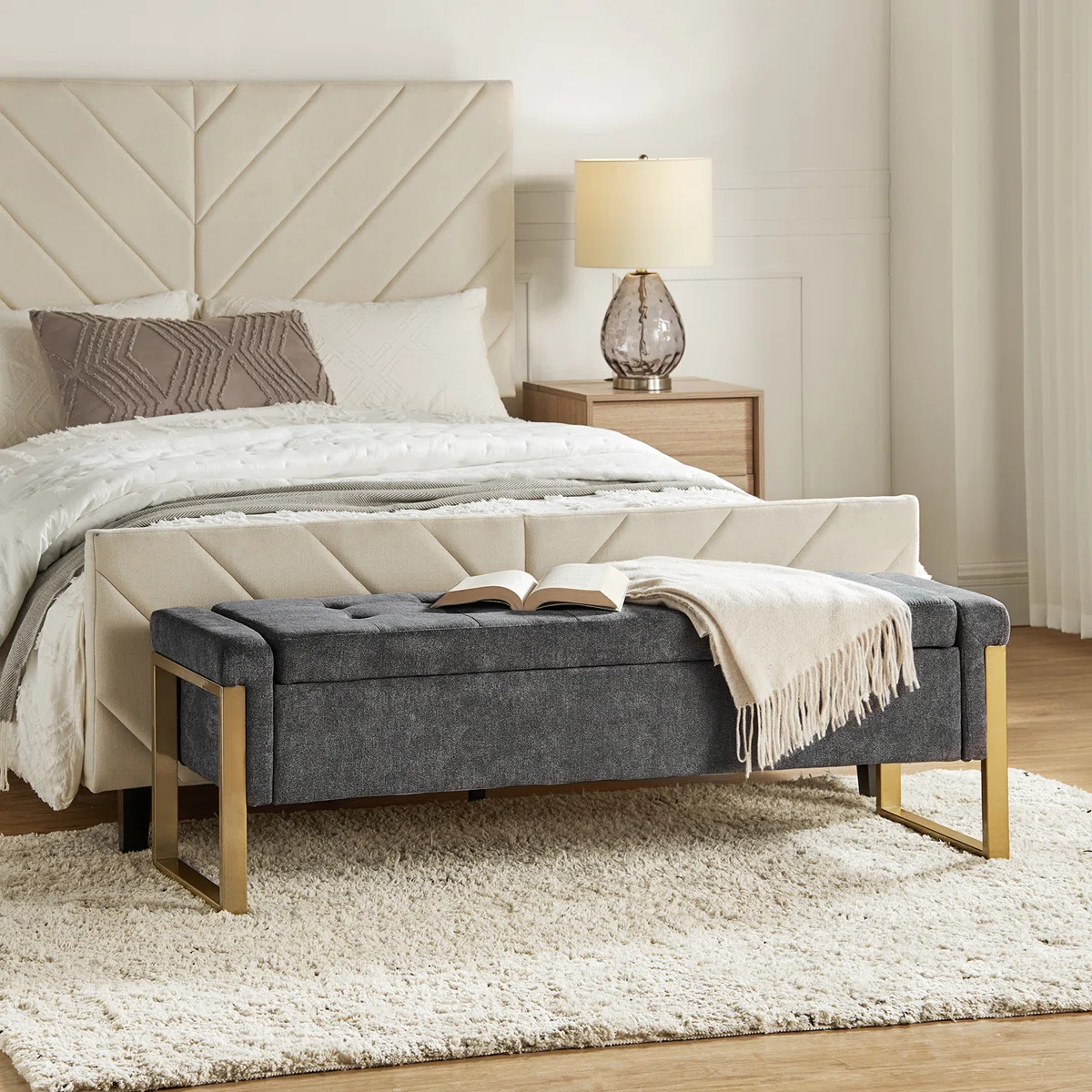 Shanieka 55.3'' W Modern Upholstered Flip Top Storage Bench with Button-Tufted and Metal Foots | Wayfair North America