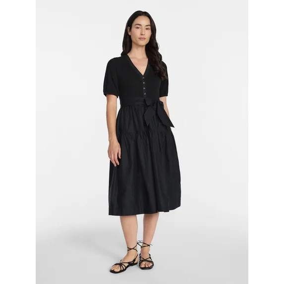 Time and Tru Women's Mixed Media Midi Dress with Puff Sleeves, Sizes XS-XXXL | Walmart (US)