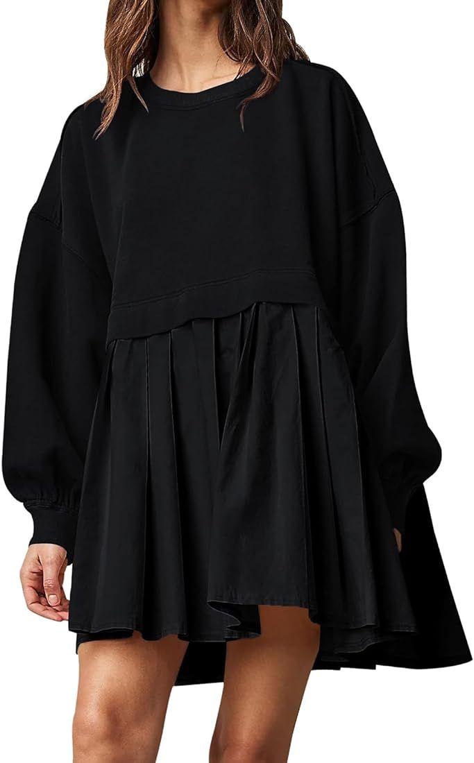 Dokuritu Sweatshirt Dress Women Crew Neck Long Sleeve Patchwork Pullover Tops Flowy Oversized Swe... | Amazon (US)