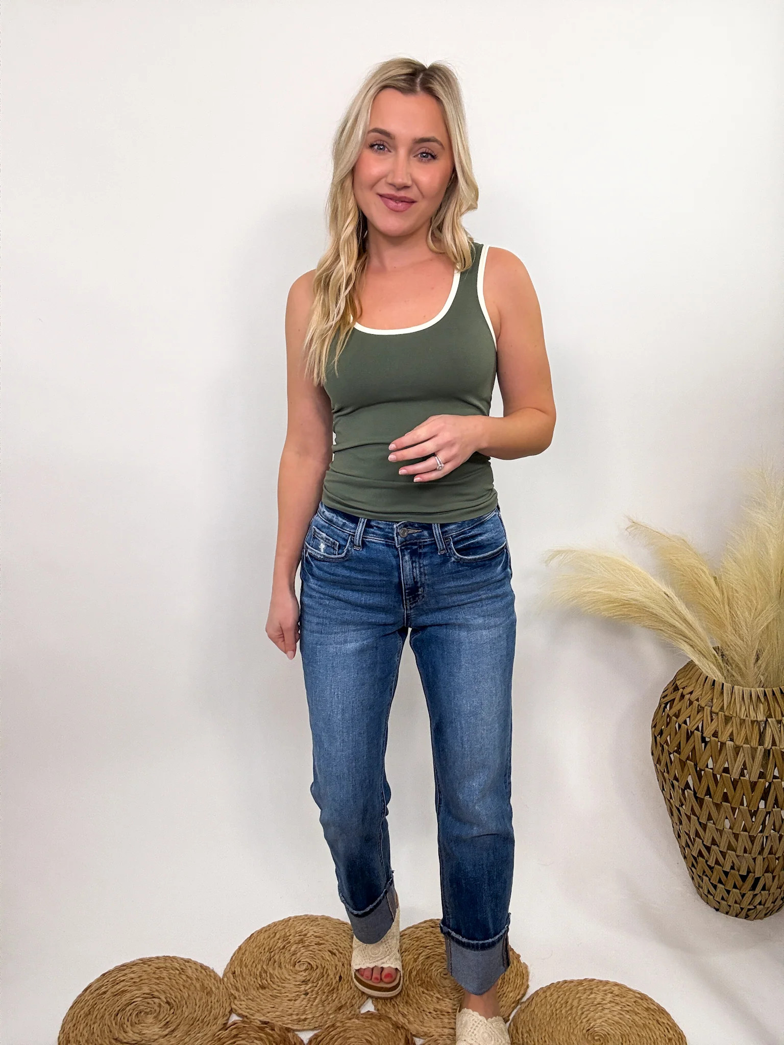 Olive Green Scoop Neck Tank with Ivory Contrast Piping | Bmaes Boutique