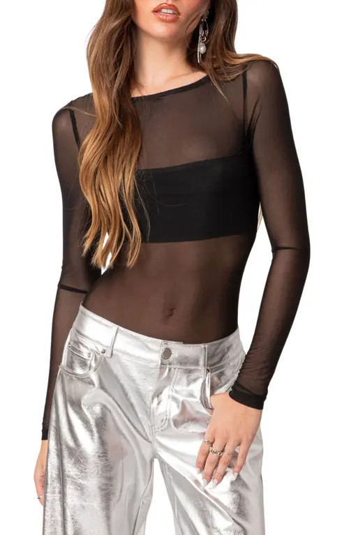 EDIKTED Sheer Bandeau Mesh Bodysuit in Black at Nordstrom, Size X-Small | Nordstrom
