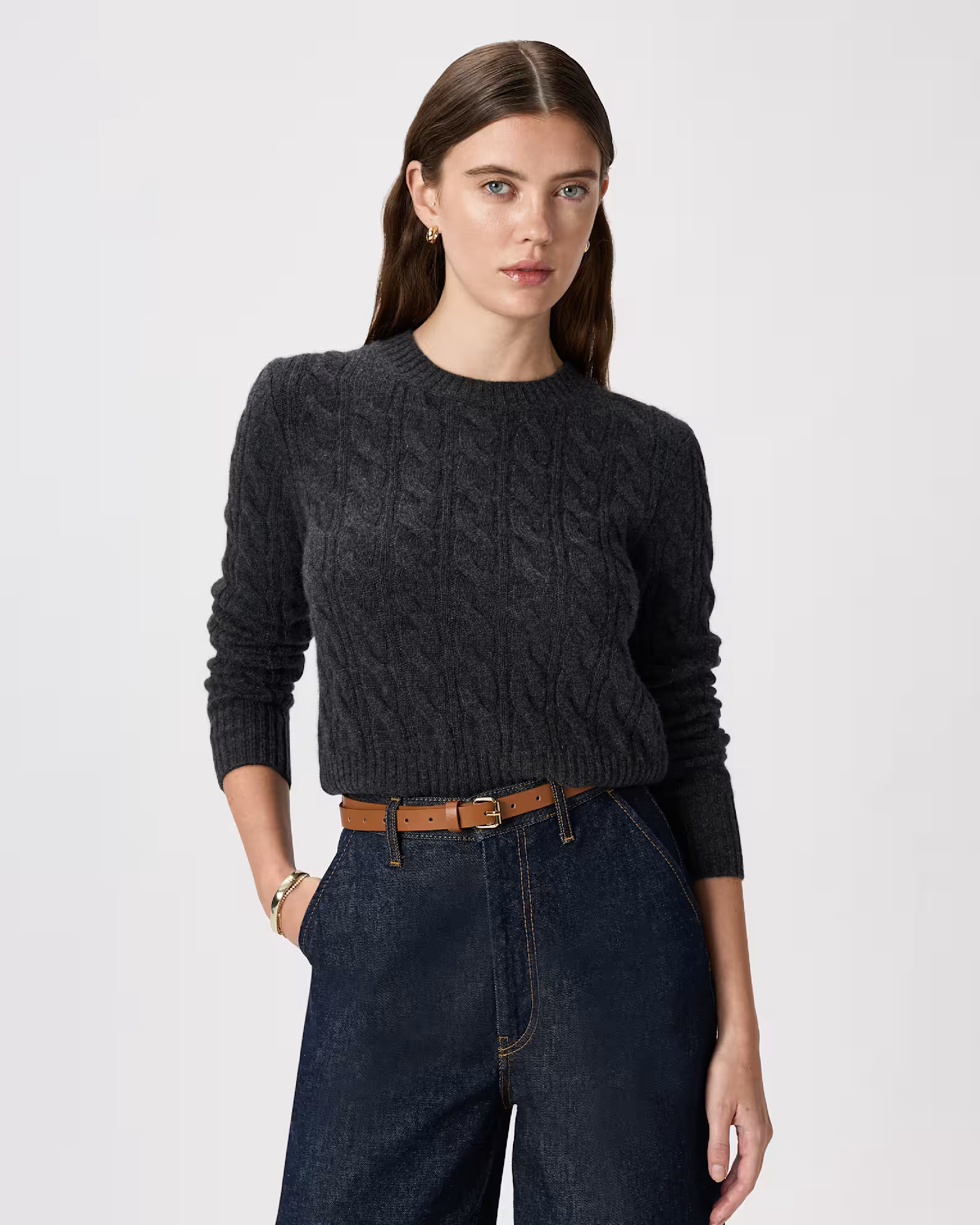 Mongolian Cashmere Shrunken Cable Crewneck Sweater in Charcoal | Quince