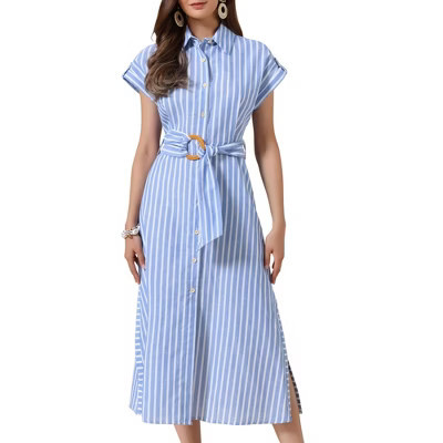 INSPIRE CHIC Women's Turndown Collar Cap Sleeve Striped Side Slit Belted Summer A-Line Midi Dresses Medium Blue and White | Target
