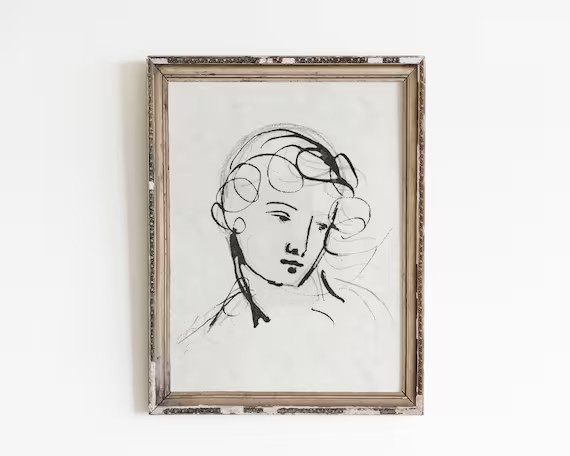 Minimalist wall art, portrait art print, vintage line drawing, woman drawing, vintage sketch art,... | Etsy (US)