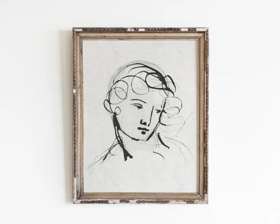 Minimalist wall art, portrait art print, vintage line drawing, woman drawing, vintage sketch art,... | Etsy (US)