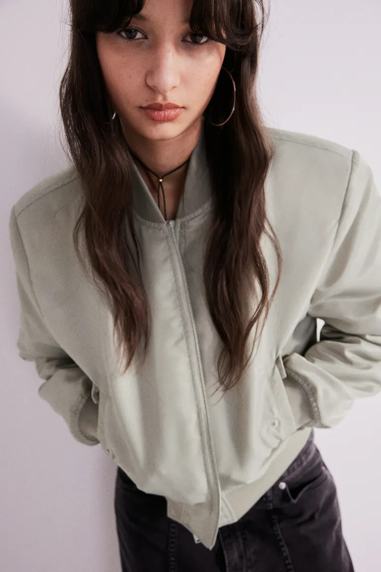 Bomber Jacket with Shoulder Pads - Light khaki green - Ladies | H&M US | H&M (US + CA)