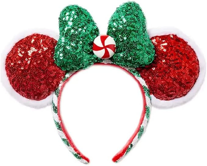 DisneyParks Christmas Holiday Red and Green Sequined Minnie Mouse Ears with Peppermint Bow Topper... | Amazon (US)