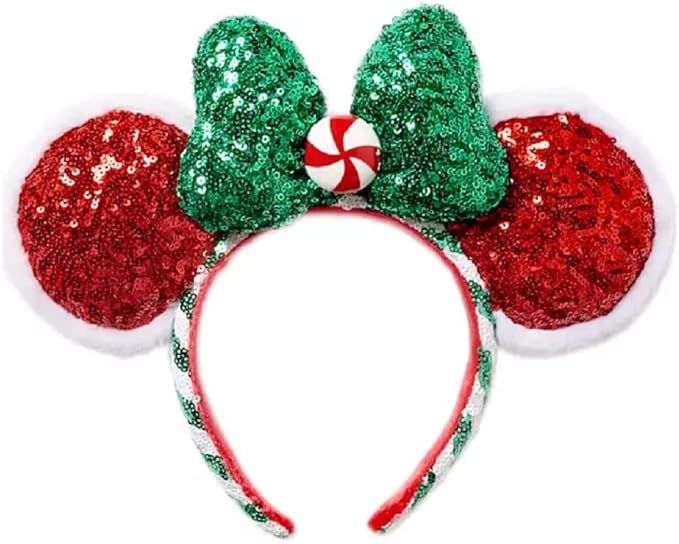 DisneyParks Christmas Holiday Red and Green Sequined Minnie Mouse Ears with Peppermint Bow Topper... | Amazon (US)