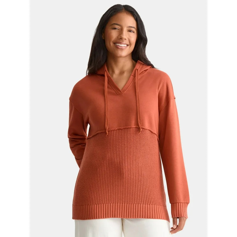 Time and Tru Women's Fashion Mixed Media Sweatshirt with Hood, Sizes XS-XXXL | Walmart (US)