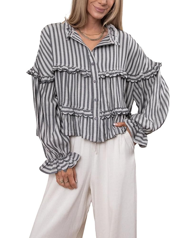 Tanming Womens Striped Button Down Shirts Ruffled Long Sleeve Stand Collar Shirt Dressy Casual Bl... | Amazon (US)