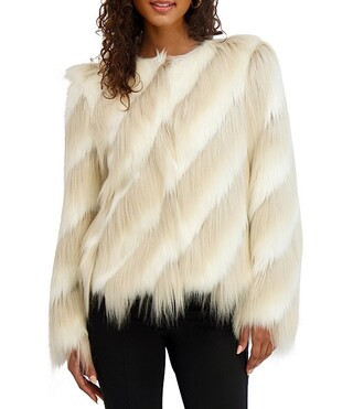 Striped Faux Fur Wispy Collarless Hook Front Jacket | Dillard's