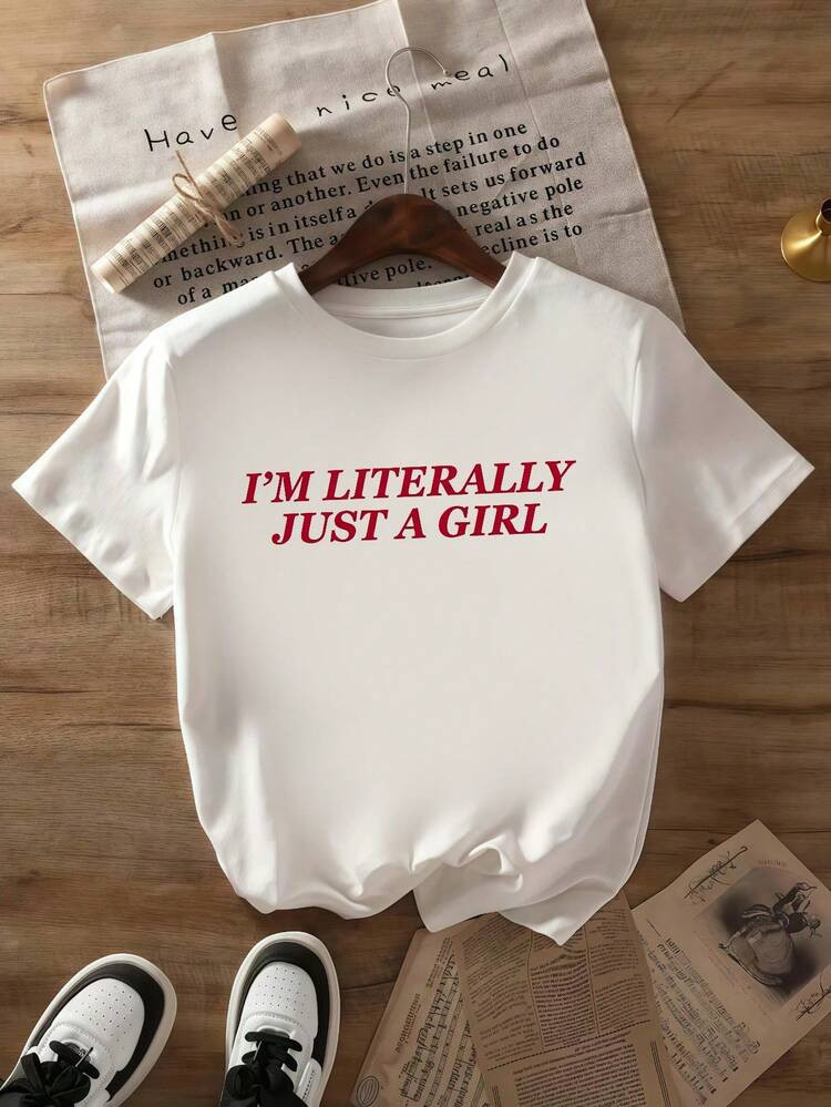 LocalGirls' I'm Literally Just A Girl T-Shirt, Black, White Cotton Casual Shirt, Size 3Y-13Y For Movement, Travel & Everyday, ELY581503 Short Sleeve Shirts | SHEIN